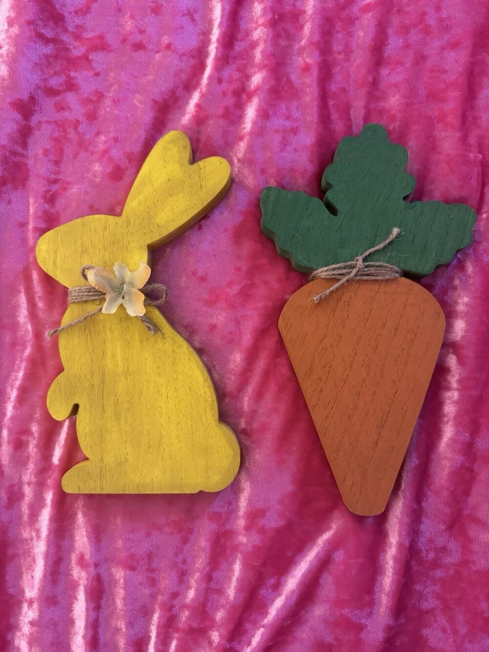 Wooden Easter Decorations Painted Bunny Carrot Rustic Yellow Orange Spring